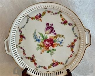 $95; Schumann (Bavaria) pierced platter with handles; 10" diameter 