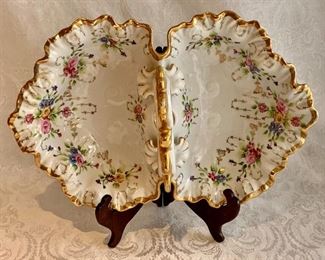 $25; Handpainted divided serving dish with handle; 5" H x 13.5" W x 9" D 