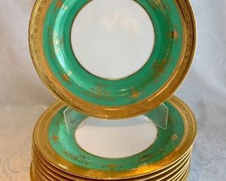 $220; (11) Minton's Green and Gold Dinner Plates, 10"