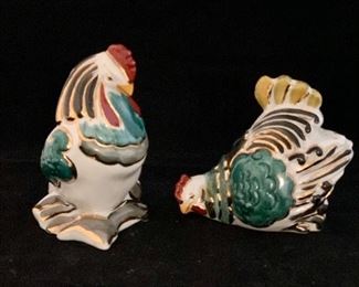 $120 - Handpainted Rooster Salt and Pepper Shakers; upright rooster is 5" H x 3.5" W. One cork missing, one cork inside.  