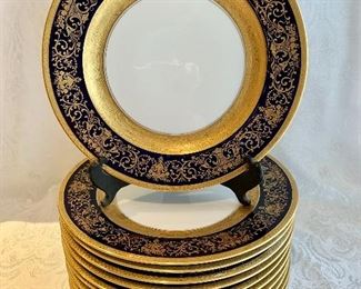 $220; (11) Black Knight Blue and Gold China Dinner Plates, 11" diameter 