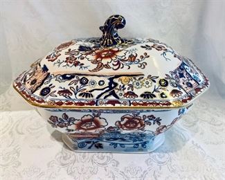 $100 - English ironstone lidded tureen; underplate included (not photogaphed) 8" H x 12" W x 8" D
