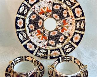 Royal Crown Derby; 10.5" plate, one bouillon cup and saucer, and one teacup and saucer