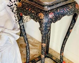 $900; Asian Pedestal Table, Painted Black, Red, and Gold; 35" H x 15" W x 15.5" L