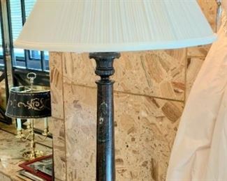 $395; Baker metal claw footed lamp, tested and working; 35" H with 18" shade, rips and tears to inside of the shade. 