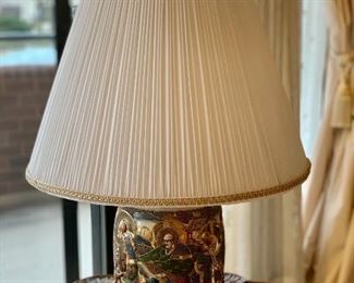$110; Satsuma lamp with silk shade; approx 28" high; working with one loose socket
