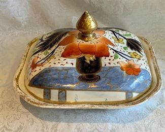 $50; Imari Hibiscus covered bowl; as is; approx 10" square