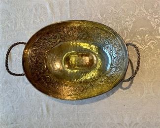 $95; Silverplate basin; vessel is 13" x 9.5" x 2.5" not including handles; plate slightly rubbed