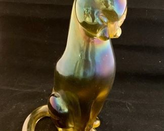 $350; Murano iridescent glass cat sculpture; attributed to Archimede Seguso; signed "peikin"