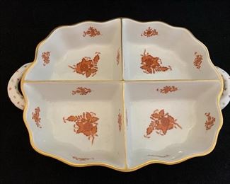 $245; Herend Rust Chinese Bouquet divided relish dish with handles; 13" x 9"