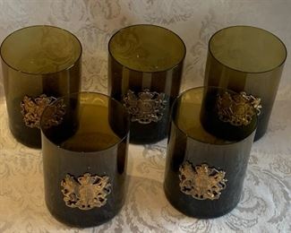 $40; Set of 5; Smoked small glasses with coat of arms of Great Brittain; 3.5" High x 2.5 diameter