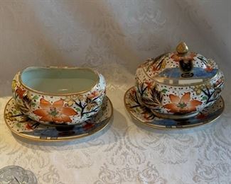 $80 PAIR; Hibiscus Imari Covered Sauce Boat (one with lid and one without) 5.5" H x 6" W x 4" D (with lid)  