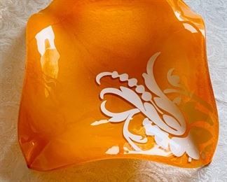 $30; Orange Glass Centerpiece, made in Portugal; 13" x 13" x 3"