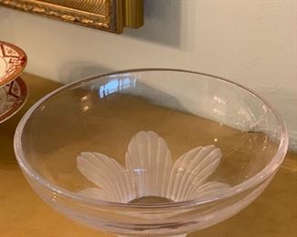 $60 - Frosted Flower Glass Bowl, made in France; As is, some chips to the frosted center. 11" diameter, 5" H