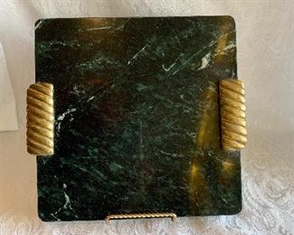 $40; Vintage brass handled marble cheese tray;   Approx 10" square