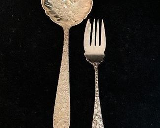 $150 pair; Kirk Steiff Repousse Serving Spoon (9")  and Serving Fork(7.5")