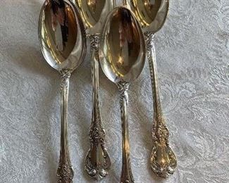 $130; Set of 4 large soup/table spoons; sterling silver Towle “Old Master”