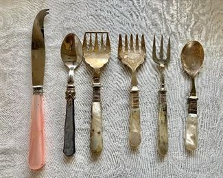 $60 - Lot of 6 silver plate serving pieces with mother of pearl handles