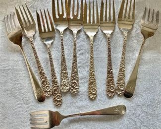 $252 - 10 Stieff sterling salad forks - monogrammed "R"