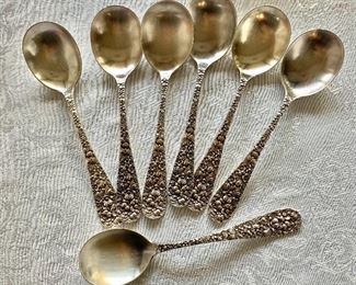 $288 - 7 Stieff sterling soup spoons - monogrammed