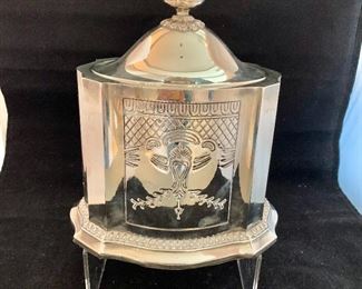 $40; Silverplate lidded tea caddy; Goddinger 1990's - 8.5"H x 8"W x 6"D