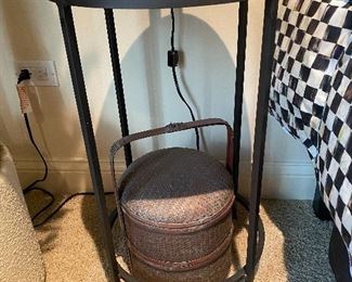 Crate and Barrel Metal side table, 2 wicker 2 compartment baskets