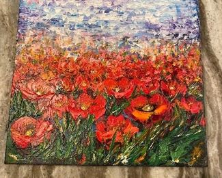 O Lena Art "Red Poppy Field" 12" Sq  Oil Painting on stretched canvas ONE OF A KIND
