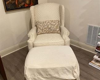 Pair of High Back Chairs with Ottomans