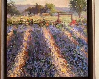 Tricia May "red Chair Lavender Farm" Original Oil Painting on stretched canvas Framed 18"Sq ONE OF A KIND