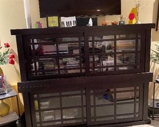  2 stacked Room and Board Mezzo Cabinets with sliding glass and wood doors 72" Wide