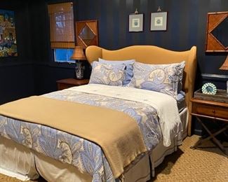 Queen size bed frame. Bedding available as well. Mattress not for sale.