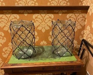 Antique table 1920s Green Leather. Hurricane lamps for sale too!