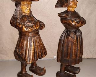 Antique- Pair Dutch Wood Carved Figural Match Holders