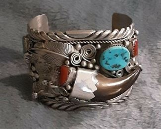 American Indian Navajo intricate embossed sterling silver cuff bracelet with turquoise and cabochon stones and claw