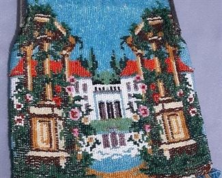 Vintage-Antique German beaded bag with a scene of German and a very large house.