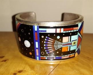  Native American Ervin P Tsosi Sterling Mosaic Cuff Bracelet