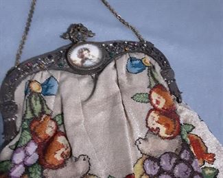 Large Fruit Beaded Bag Purse w/ Painted Portrait