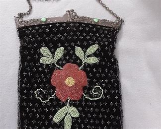 Antique- Vintage Large Black Beaded Bag with Green Stones with Paisley Motifs. Green Floral Design.