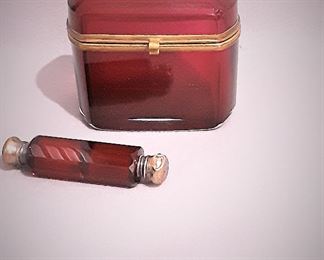 Lot of Two Antique Ruby Jewelry Casket & Perfume Scent Bottle