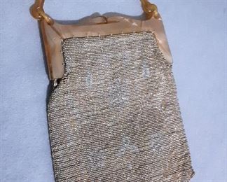Vintage-Antique Brown and Gold Swing Handle Beaded Bag Purse