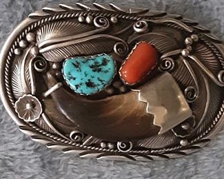 American Indian Navajo intricate embossed sterling silver belt buckle with turquoise and cabochon stones and claw.