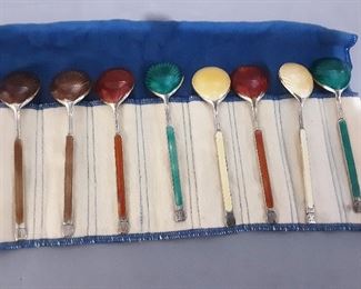 Set of 6 David Anderson Sterling and Multi-Color Enamel Spoons.