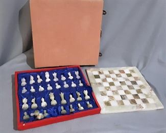 Hand Carved Jade & White Onyx Chess Set with Jade & White Chess Board