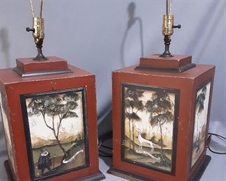 Vintage Hand painted Animal Landscape View Table Lamps with Silk Lamp Shades.
