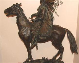 Large Carl Kauba Bronze Statue 1868-1922. Native American Chief Rider on Horse. Solid Cold Painted Bronze, Housed on a Marble Base. Signed Carl Kauba.