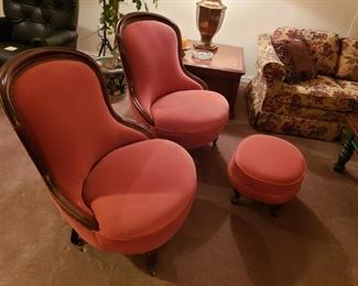 REALLY SHARP VICTORIAN MATCHED PAIR VELVET CARVED CASTOR CHAIRS AND OTTO