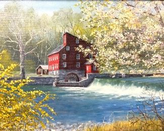 E DAVIS Signed Water Mill Framed Painting On Board