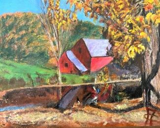 Framed Painting On Board Of Farm & Landscape