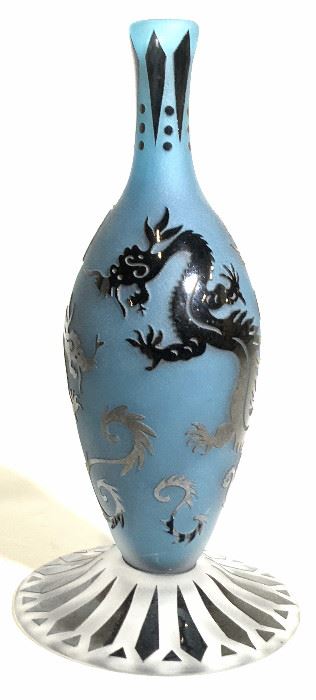 FELLERMAN & RAABE Signed Glass Cameo Dragon Vase