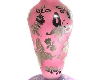 FELLERMAN & RAABE Signed Pink Glass Butterfly Vase